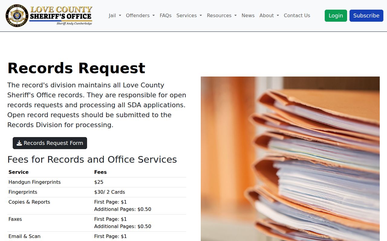 Love County booking records request and fee table