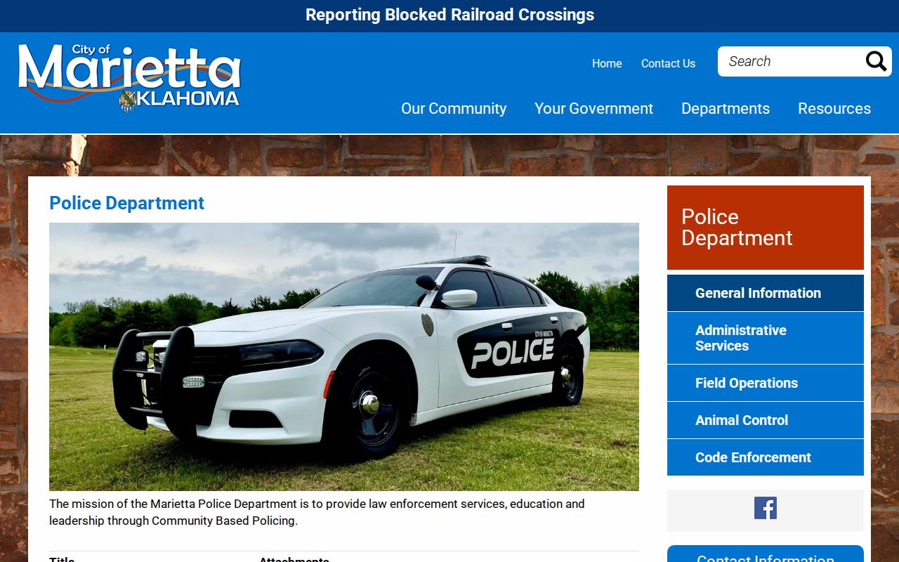 Marietta Police Department contact page for Love County arrest records