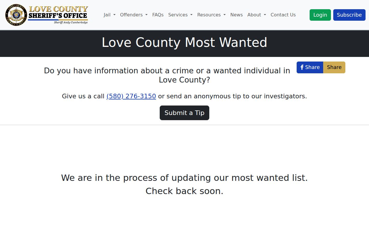 Love County most wanted official warrant-list interface